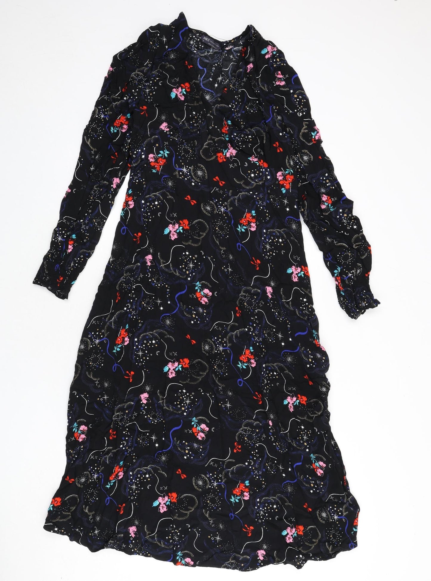 Marks and Spencer Womens Black Geometric Viscose A-Line Size 10 V-Neck Zip - Flowers
