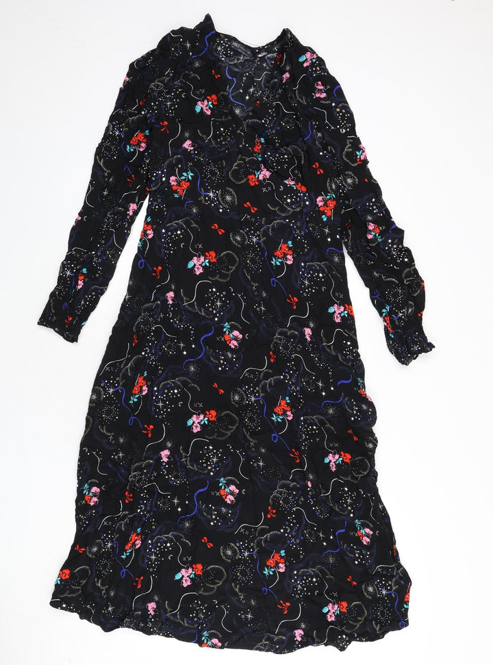Marks and Spencer Womens Black Geometric Viscose A-Line Size 10 V-Neck Zip - Flowers