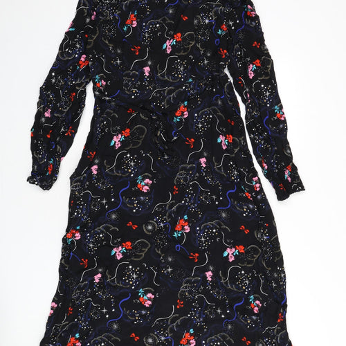 Marks and Spencer Womens Black Geometric Viscose A-Line Size 10 V-Neck Zip - Flowers