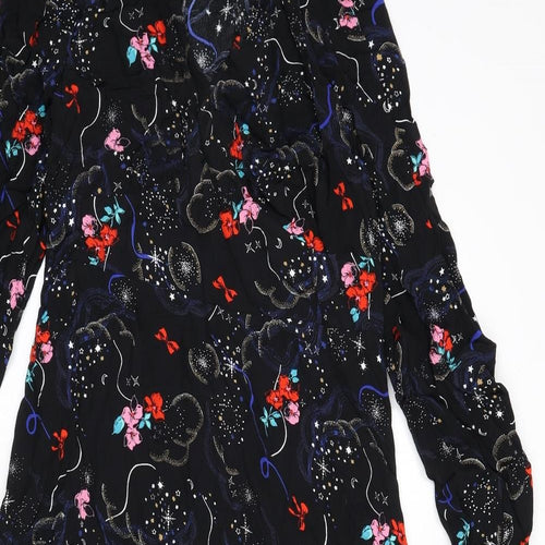 Marks and Spencer Womens Black Geometric Viscose A-Line Size 10 V-Neck Zip - Flowers