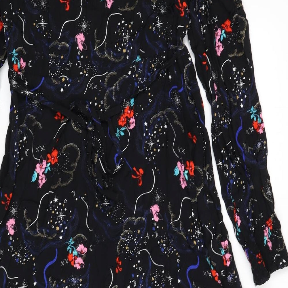 Marks and Spencer Womens Black Geometric Viscose A-Line Size 10 V-Neck Zip - Flowers