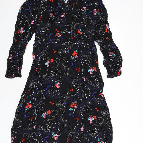 Marks and Spencer Womens Black Viscose A-Line Size 8 V-Neck Zip - Flowers