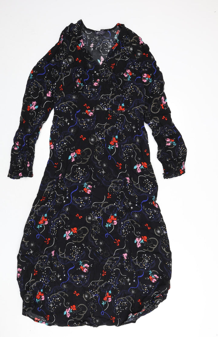 Marks and Spencer Womens Black Viscose A-Line Size 8 V-Neck Zip - Flowers