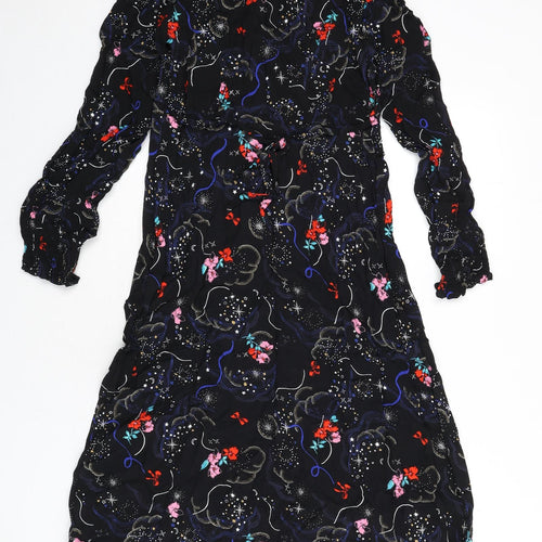 Marks and Spencer Womens Black Viscose A-Line Size 8 V-Neck Zip - Flowers