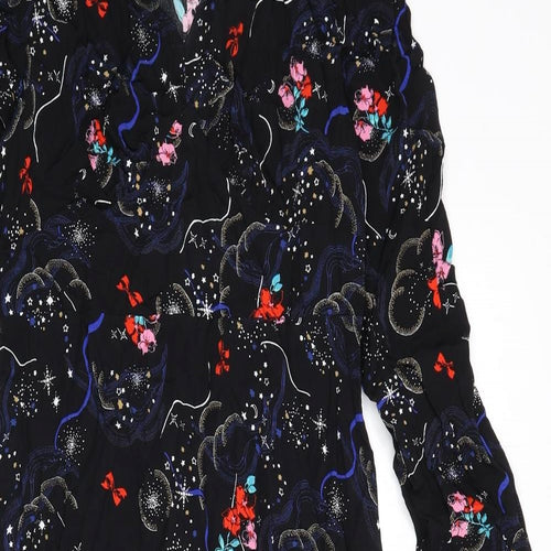 Marks and Spencer Womens Black Viscose A-Line Size 8 V-Neck Zip - Flowers