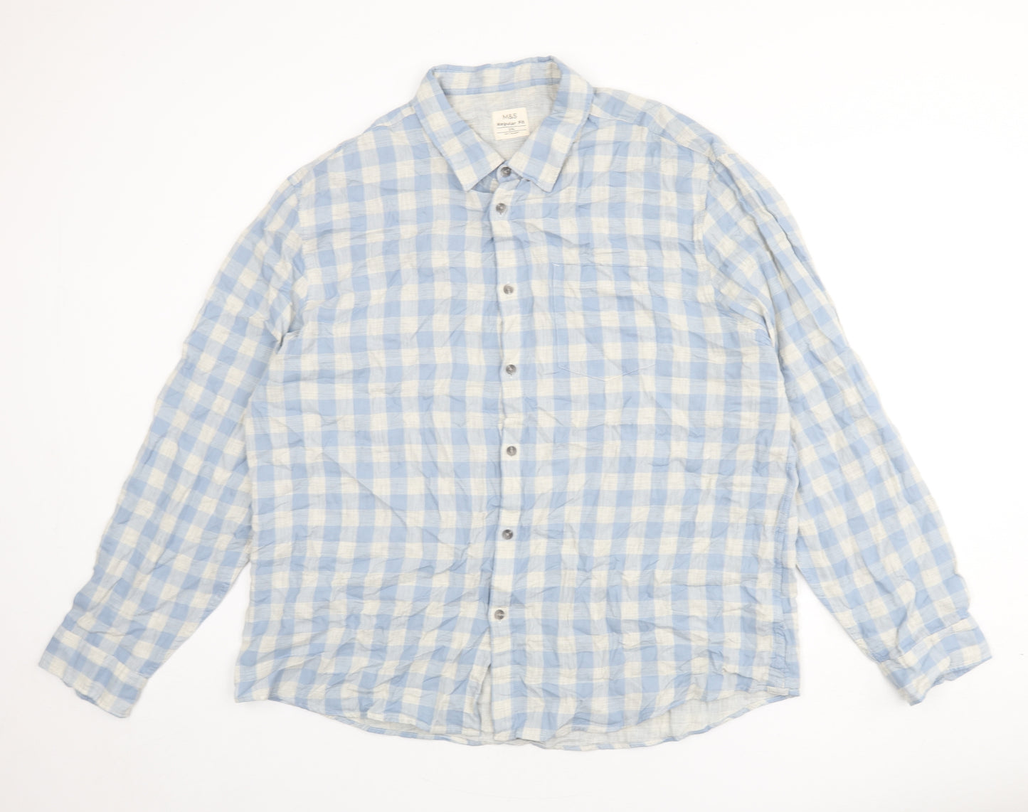 Marks and Spencer Mens Blue Check Cotton Button-Up Size 3XL Collared Button