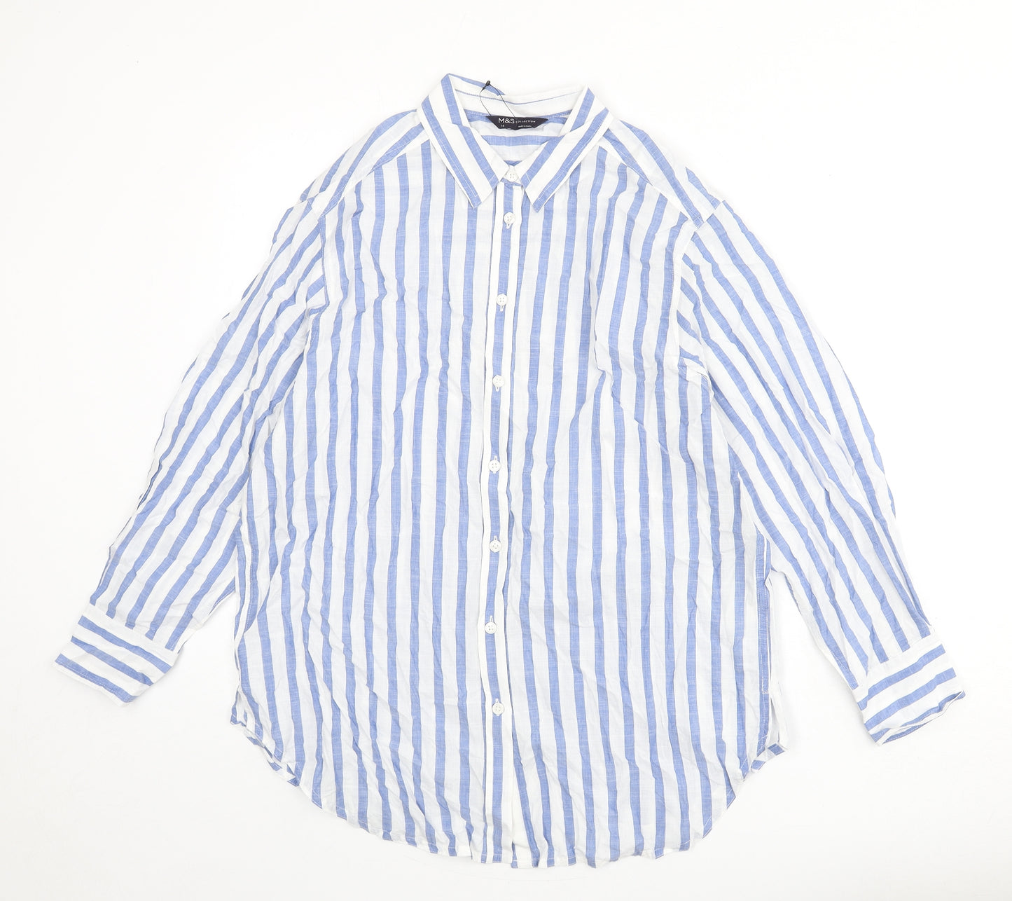 Marks and Spencer Womens Blue Striped 100% Cotton Basic Button-Up Size 14 Collared