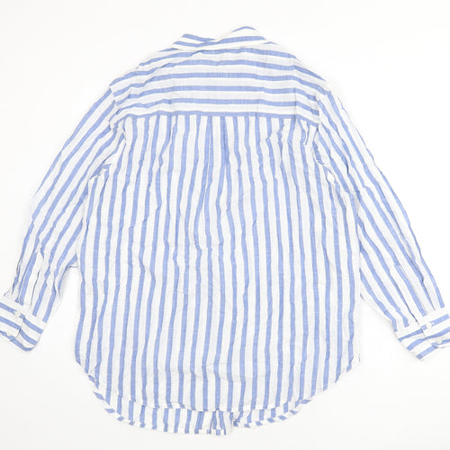 Marks and Spencer Womens Blue Striped 100% Cotton Basic Button-Up Size 14 Collared