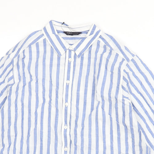 Marks and Spencer Womens Blue Striped 100% Cotton Basic Button-Up Size 14 Collared