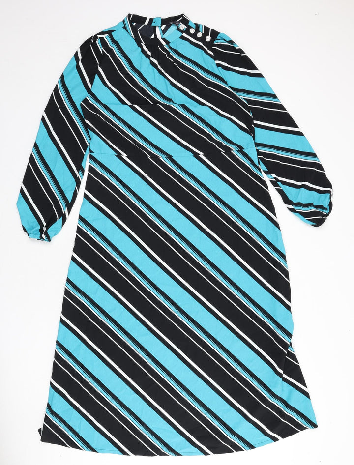 Marks and Spencer Womens Multicoloured Striped Polyester A-Line Size 10 Round Neck Button