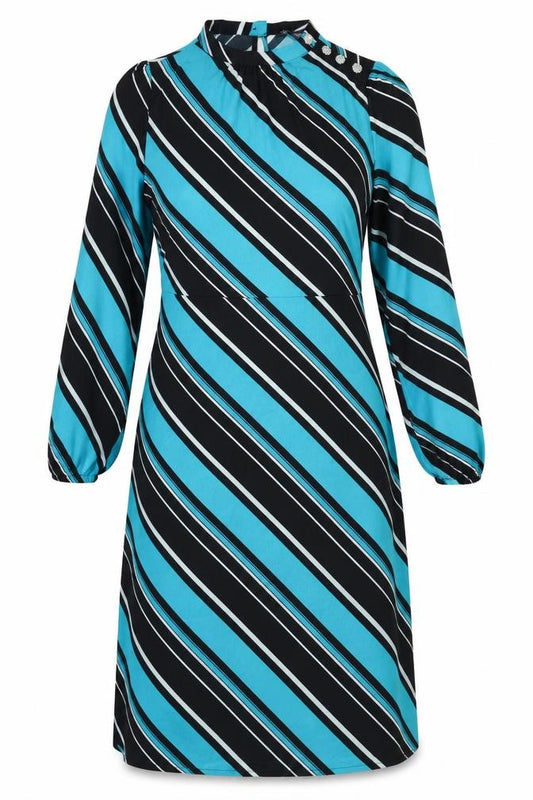 Front view of Marks & Spencer women’s multicoloured striped polyester a-line, size UK 10, round neck button