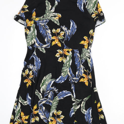Dorothy Perkins Womens Black Geometric Cotton A-Line Size 14 Round Neck Pullover - Leaf Print