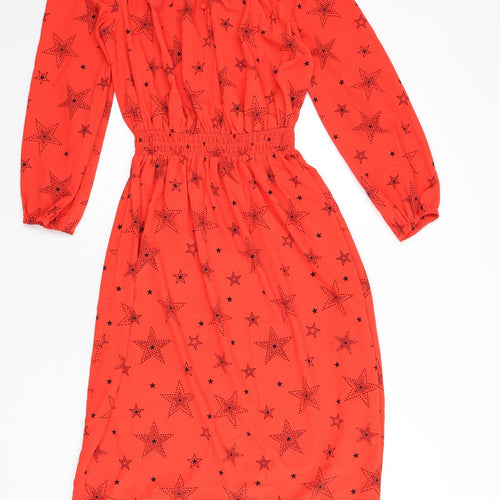 Marks and Spencer Womens Red Geometric Polyester A-Line Size 8 Round Neck Button - Star Print
