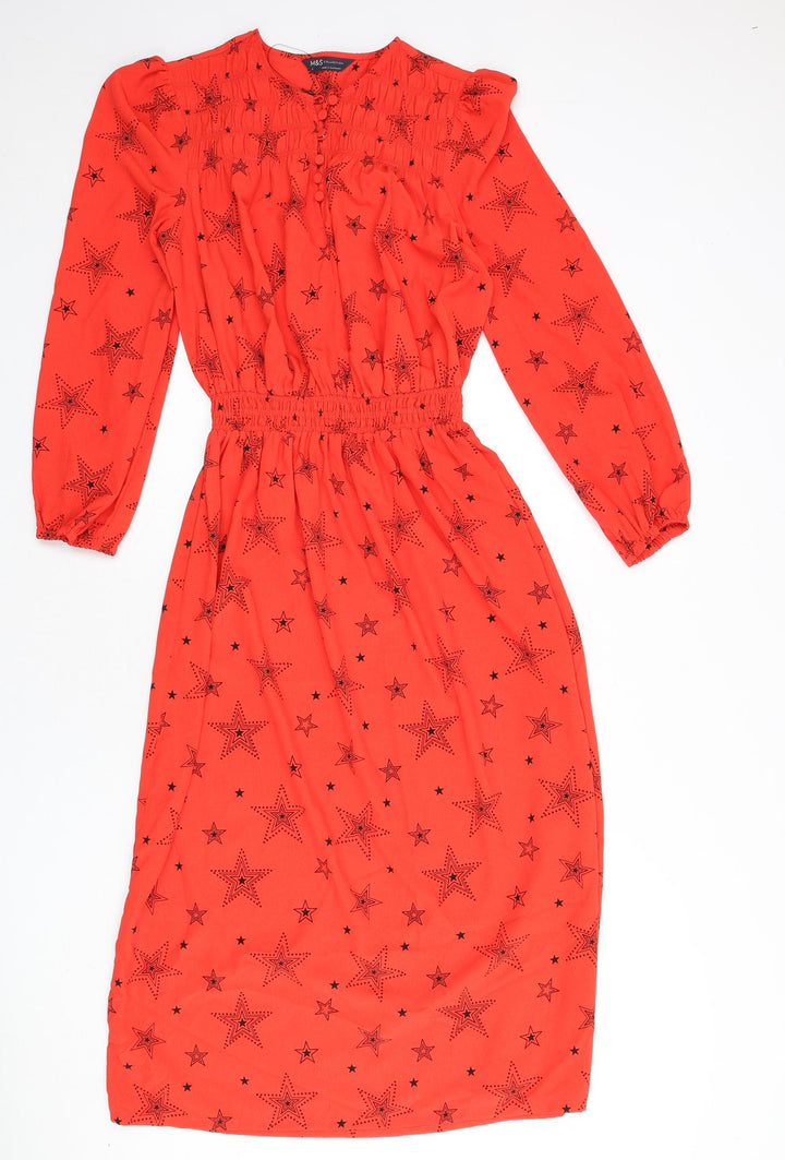 Marks and Spencer Womens Red Geometric Polyester A-Line Size 8 Round Neck Button - Star Print