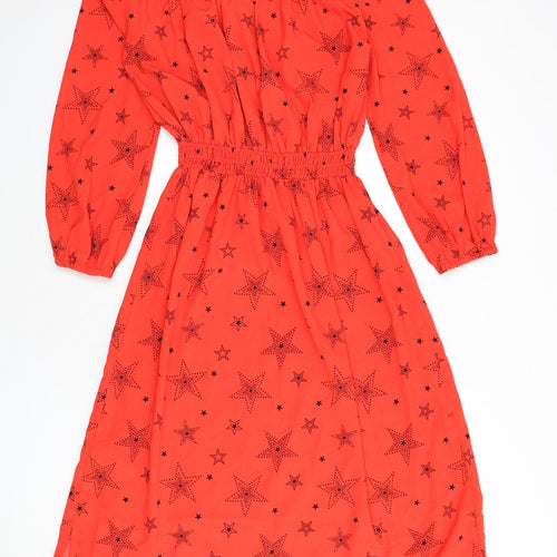 Marks and Spencer Womens Red Geometric Polyester A-Line Size 8 Round Neck Button - Star Print