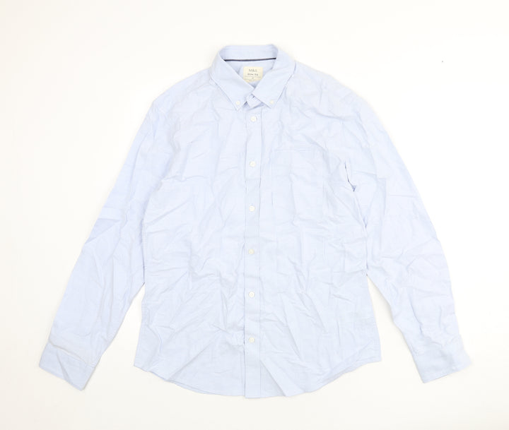 Marks and Spencer Mens Blue Cotton Button-Up Size M Collared Button