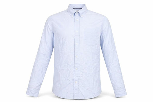 Front view of Marks & Spencer men’s blue cotton button-up, size M, collared button