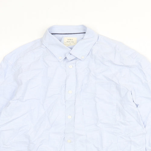 Marks and Spencer Mens Blue Cotton Button-Up Size M Collared Button