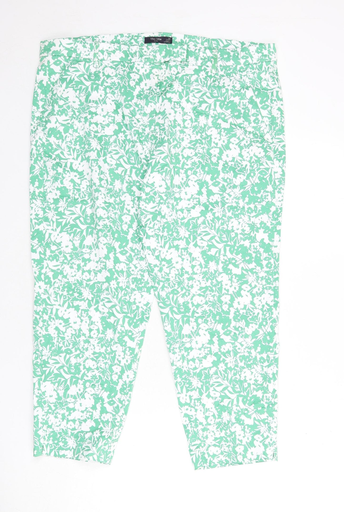 Marks and Spencer Womens Green Floral Cotton Capri Trousers Size 20 L23 in Slim Zip - Short Length