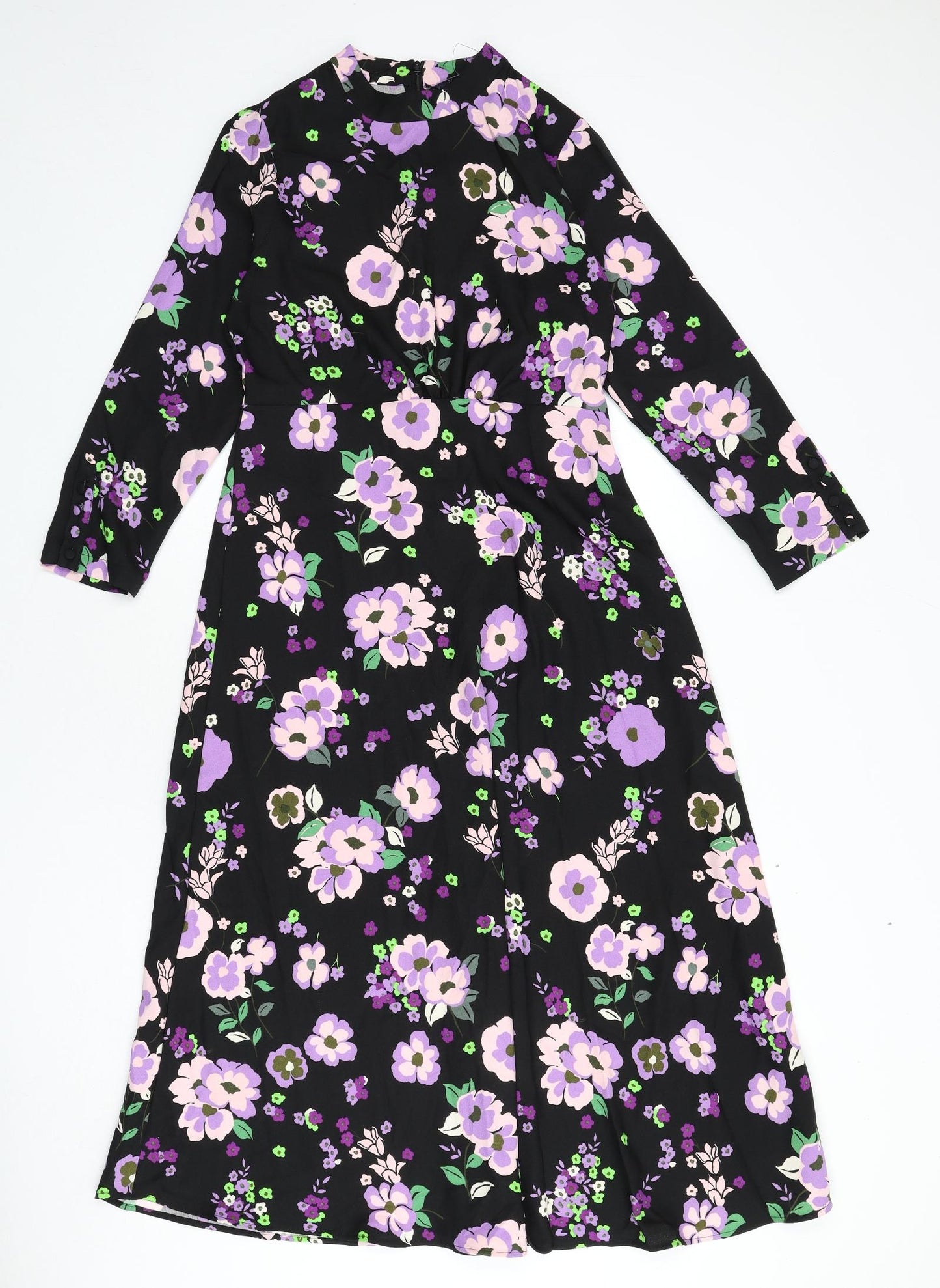 Marks and Spencer Womens Black Floral Polyester A-Line Size 10 Round Neck Zip