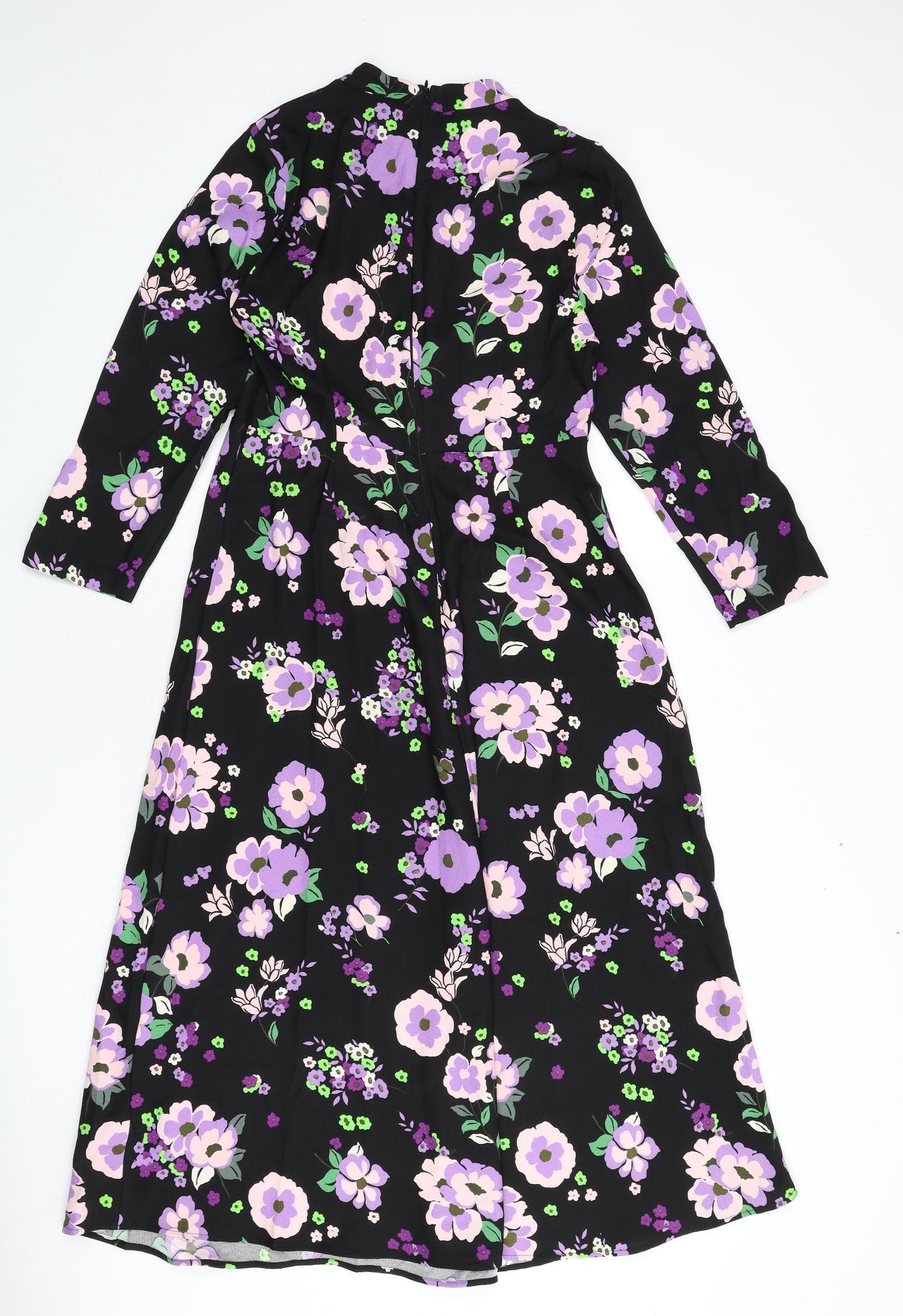 Marks and Spencer Womens Black Floral Polyester A-Line Size 10 Round Neck Zip