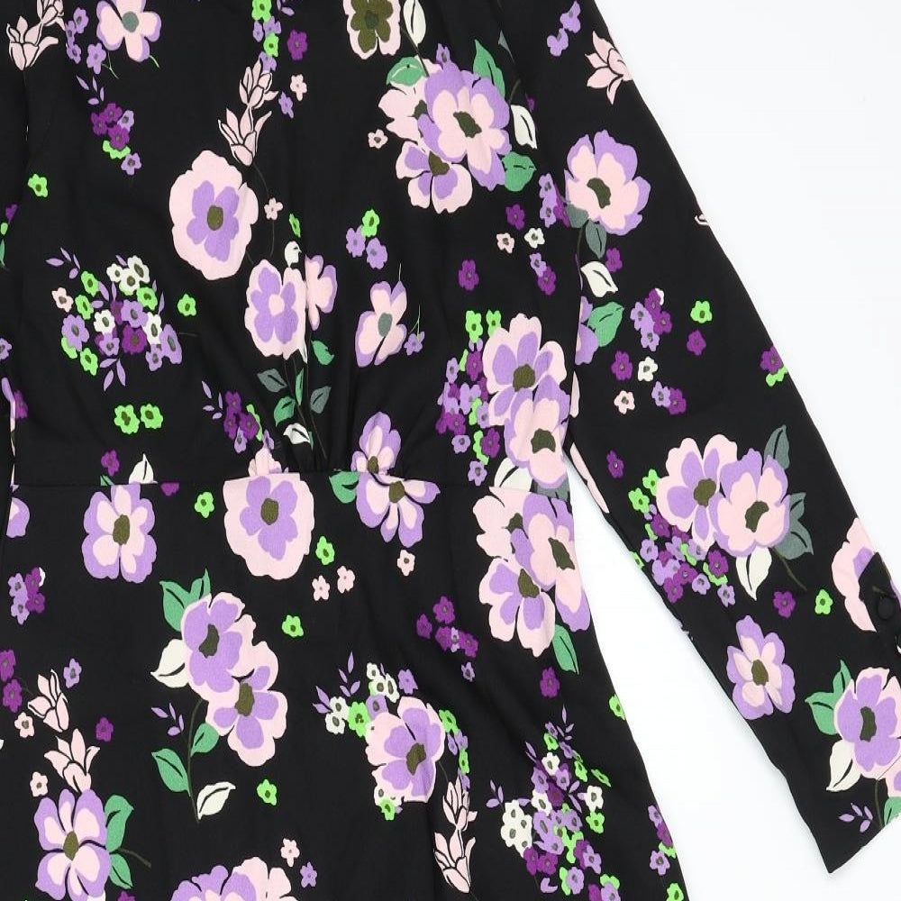 Marks and Spencer Womens Black Floral Polyester A-Line Size 10 Round Neck Zip