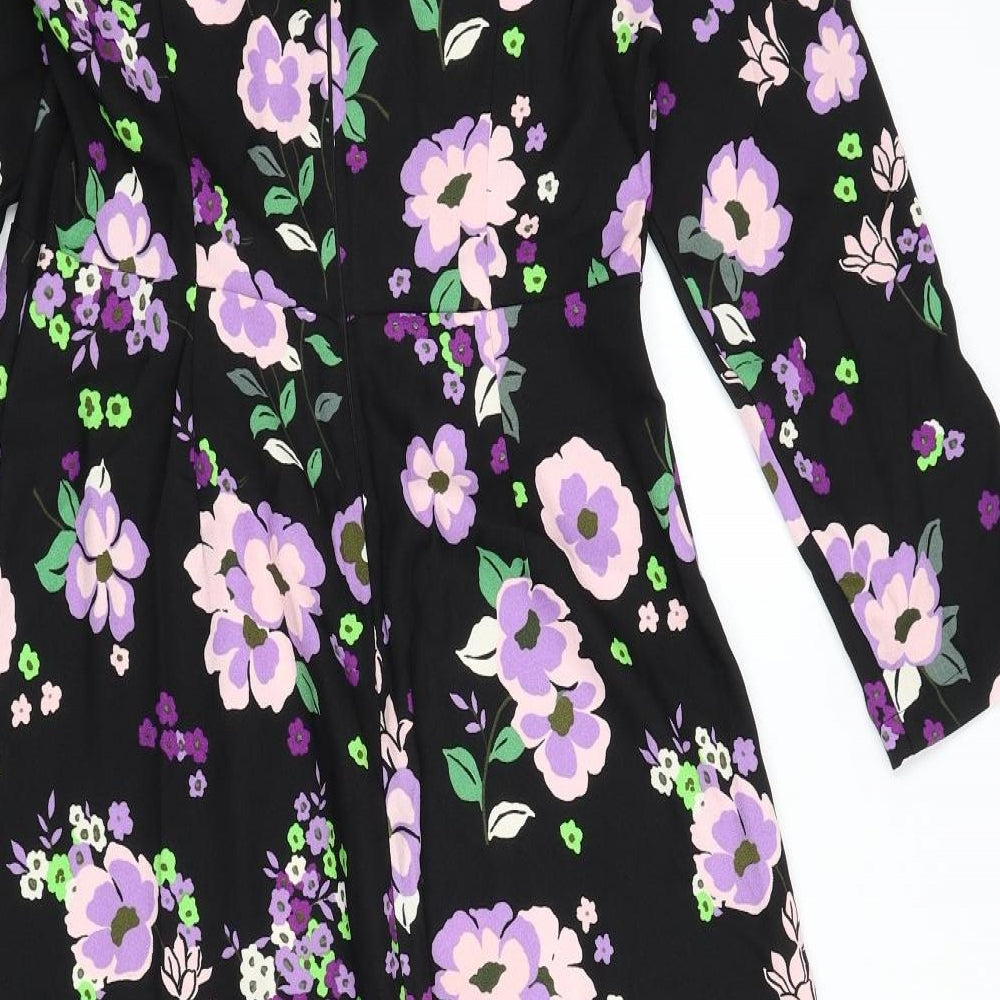 Marks and Spencer Womens Black Floral Polyester A-Line Size 10 Round Neck Zip