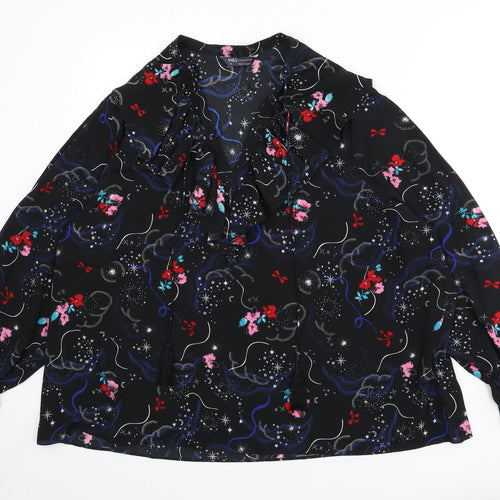 Marks and Spencer Womens Black Geometric Polyester Basic Blouse Size 24 V-Neck - Ruffle Detail, Tie Detail
