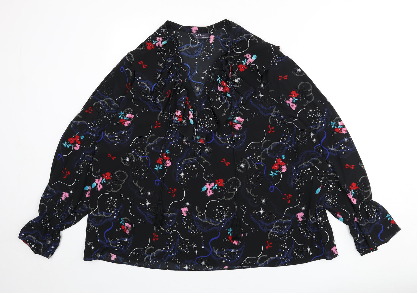 Marks and Spencer Womens Black Geometric Polyester Basic Blouse Size 24 V-Neck - Ruffle Detail, Tie Detail