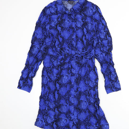 Marks and Spencer Womens Blue Animal Print Viscose Shirt Dress Size 10 Collared Button - Snake Skin Print