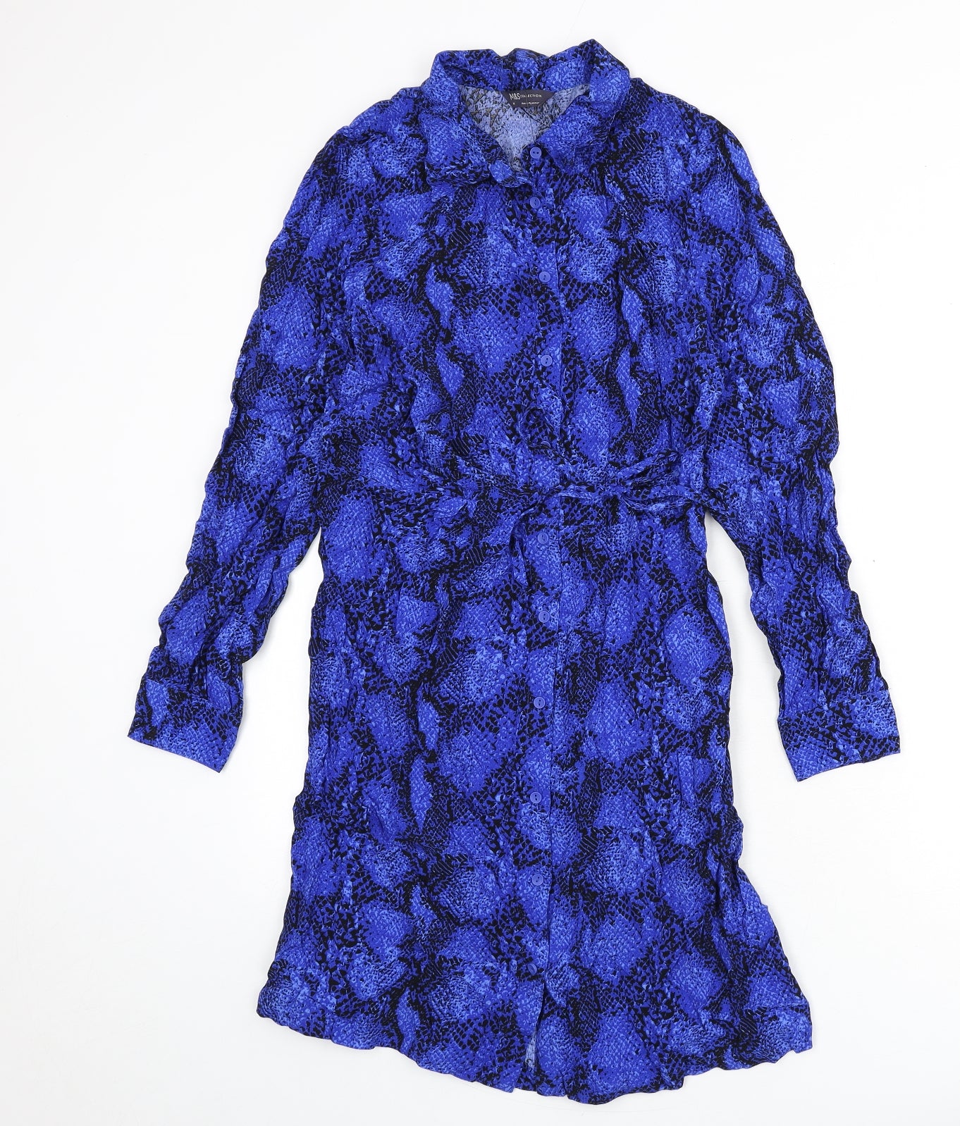 Marks and Spencer Womens Blue Animal Print Viscose Shirt Dress Size 10 Collared Button - Snake Skin Print