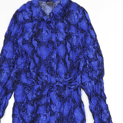 Marks and Spencer Womens Blue Animal Print Viscose Shirt Dress Size 10 Collared Button - Snake Skin Print