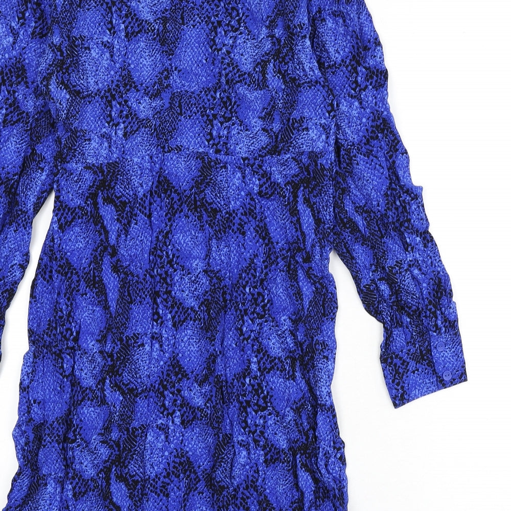 Marks and Spencer Womens Blue Animal Print Viscose Shirt Dress Size 10 Collared Button - Snake Skin Print