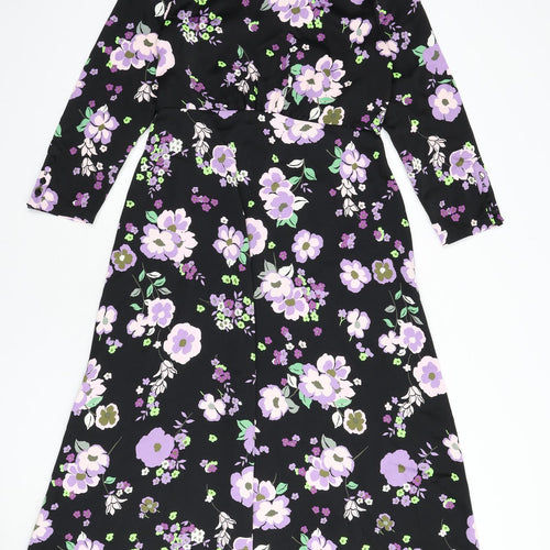 Marks and Spencer Womens Black Floral Polyester A-Line Size 10 Round Neck Zip