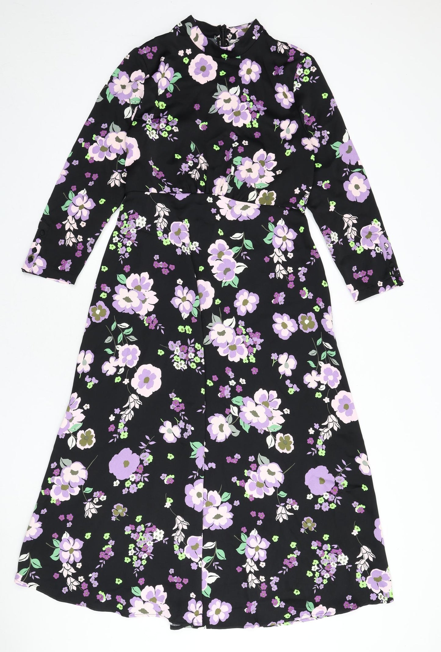 Marks and Spencer Womens Black Floral Polyester A-Line Size 10 Round Neck Zip