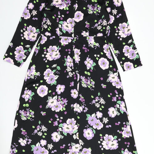 Marks and Spencer Womens Black Floral Polyester A-Line Size 10 Round Neck Zip