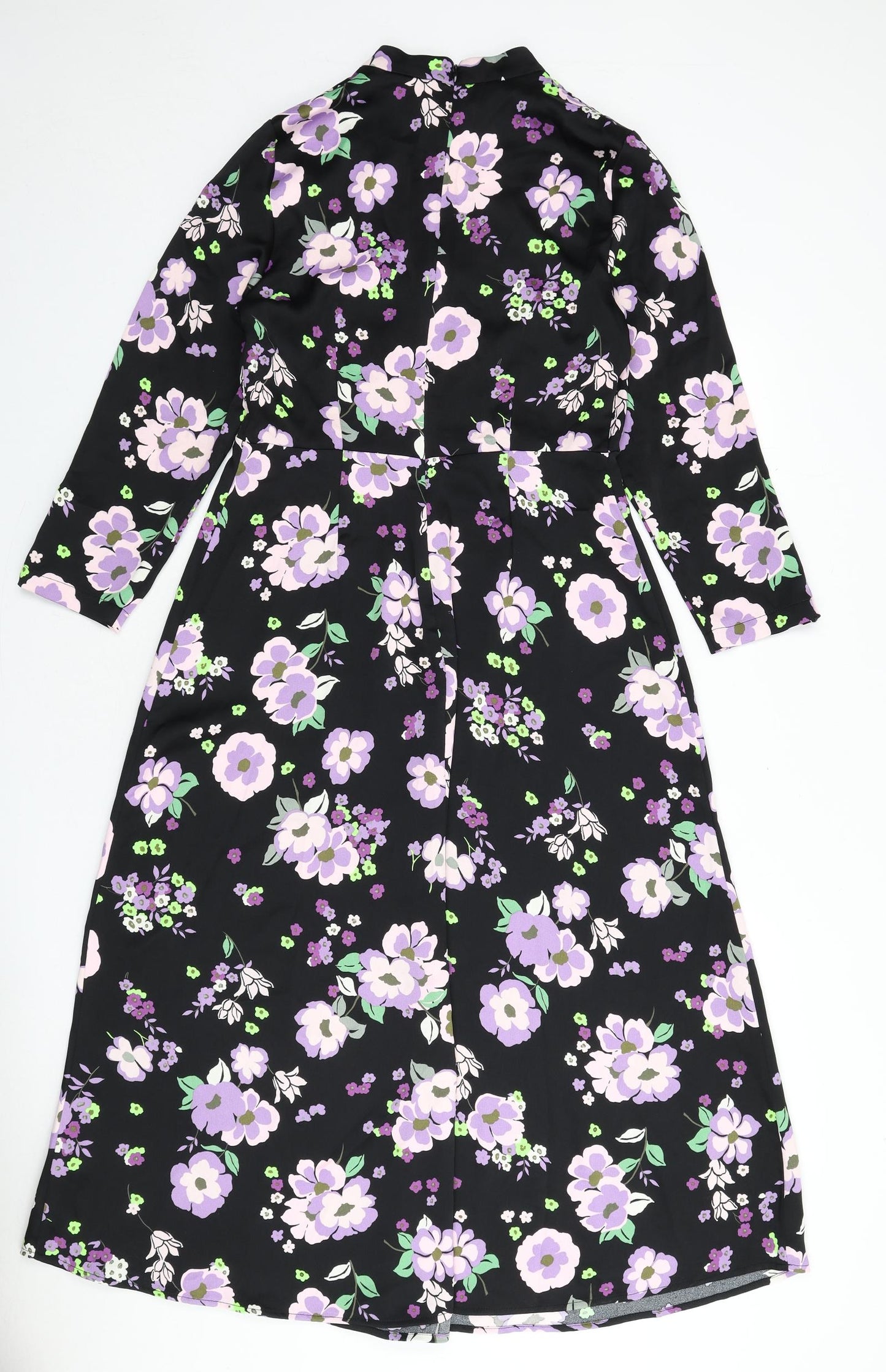 Marks and Spencer Womens Black Floral Polyester A-Line Size 10 Round Neck Zip