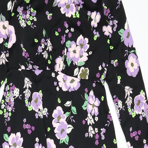 Marks and Spencer Womens Black Floral Polyester A-Line Size 10 Round Neck Zip