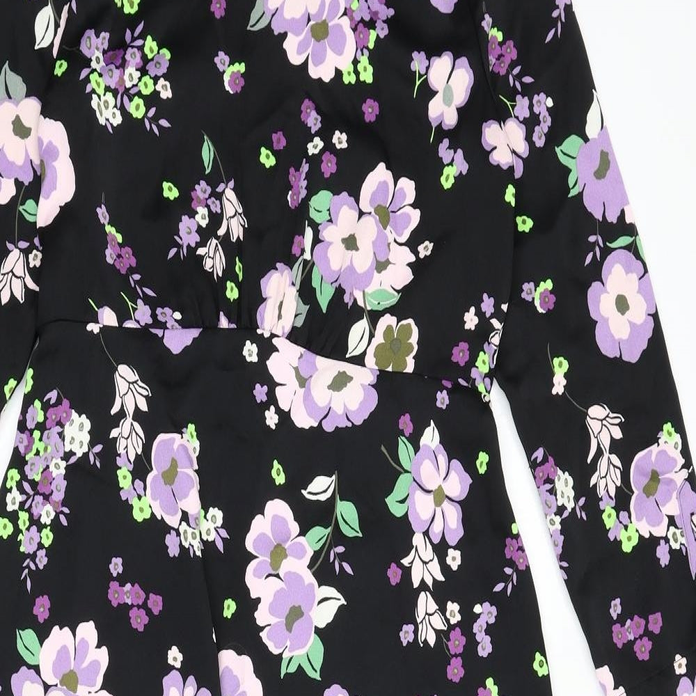 Marks and Spencer Womens Black Floral Polyester A-Line Size 10 Round Neck Zip