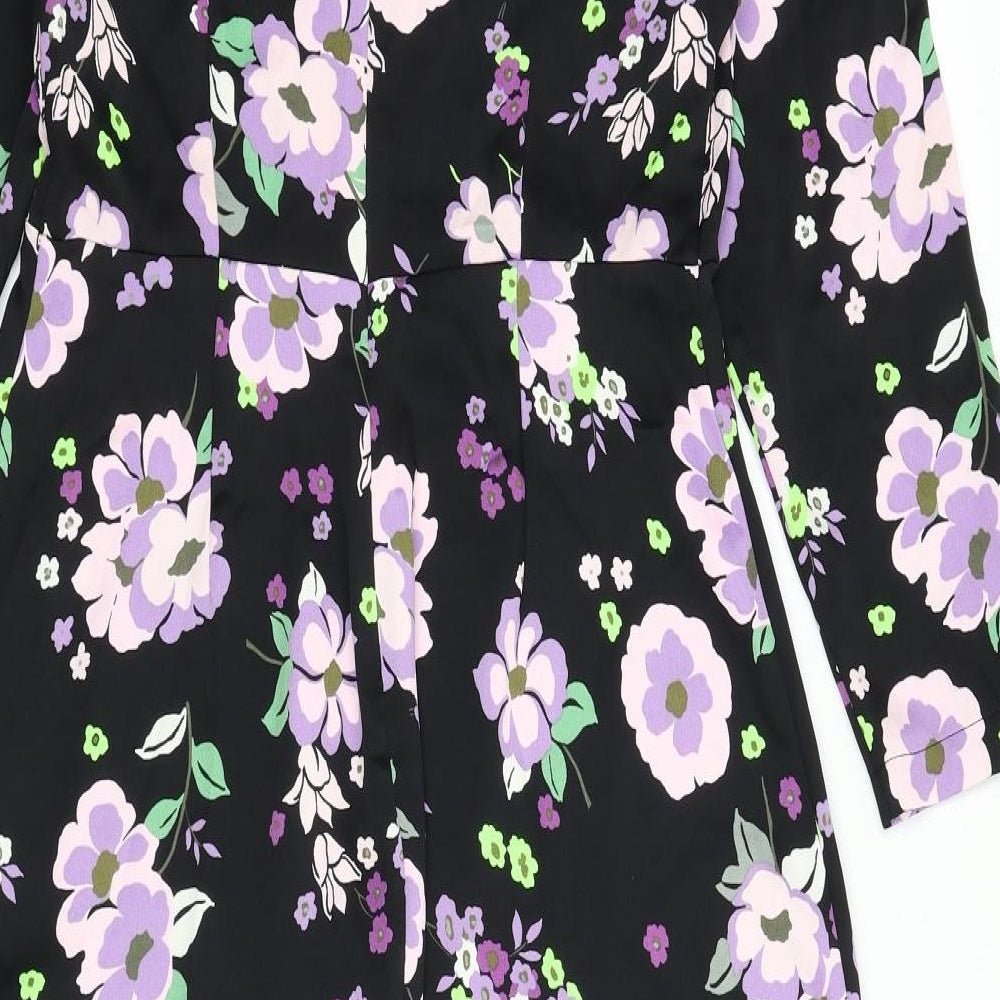 Marks and Spencer Womens Black Floral Polyester A-Line Size 10 Round Neck Zip