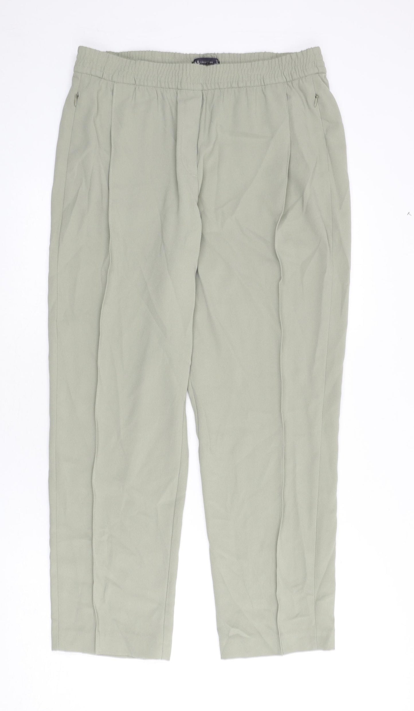 Marks and Spencer Womens Green Polyester Trousers Size 14 L25 in Regular - Pleat