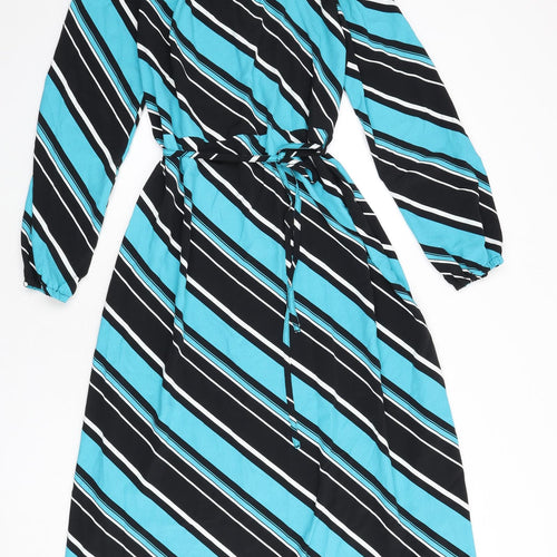 Marks and Spencer Womens Multicoloured Striped Polyester A-Line Size 10 Round Neck Button - Tie Detail