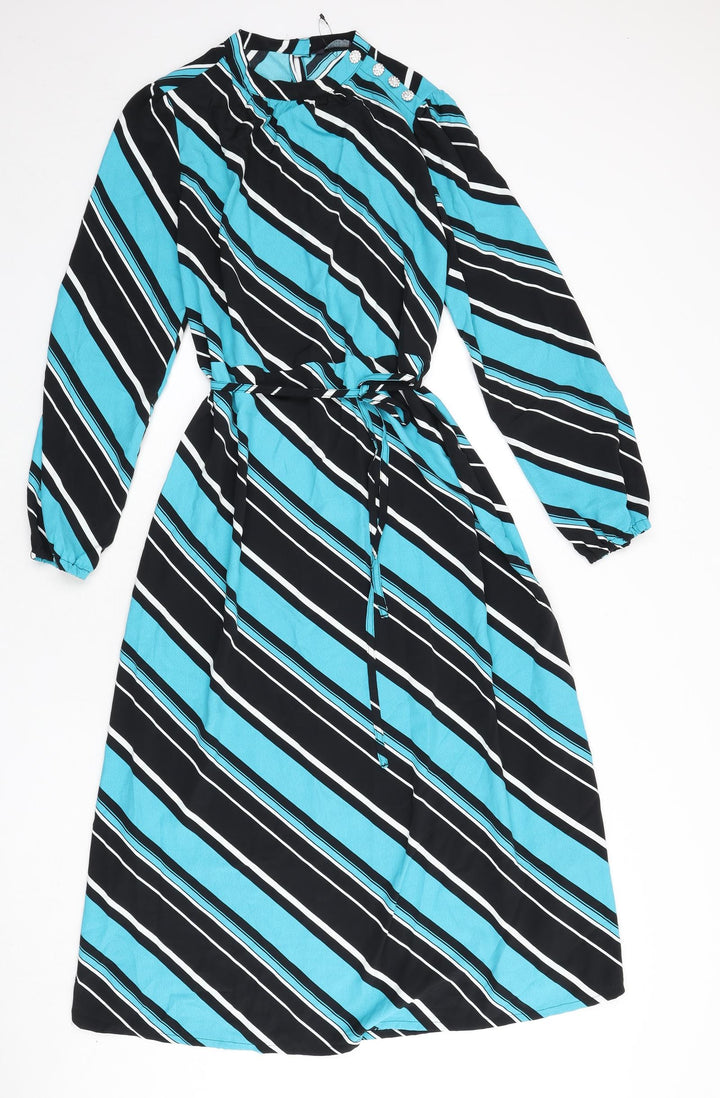 Marks and Spencer Womens Multicoloured Striped Polyester A-Line Size 10 Round Neck Button - Tie Detail