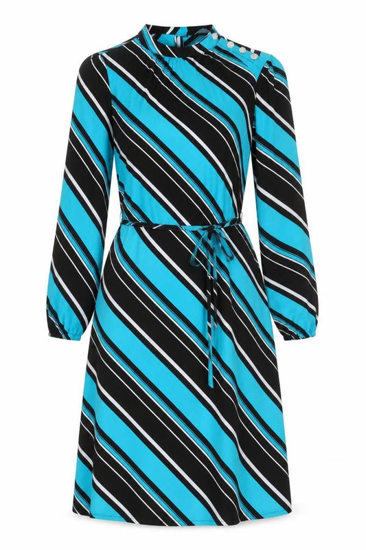 Front view of Marks & Spencer women’s multicoloured striped polyester a-line, size UK 10, round neck button - tie detail