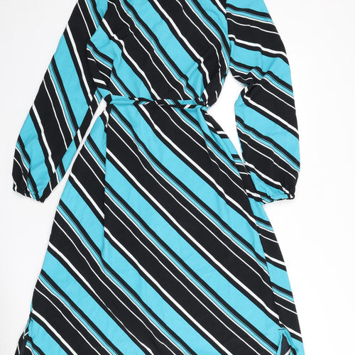 Marks and Spencer Womens Multicoloured Striped Polyester A-Line Size 10 Round Neck Button - Tie Detail