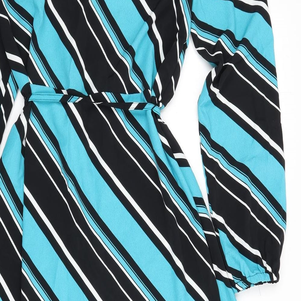 Marks and Spencer Womens Multicoloured Striped Polyester A-Line Size 10 Round Neck Button - Tie Detail