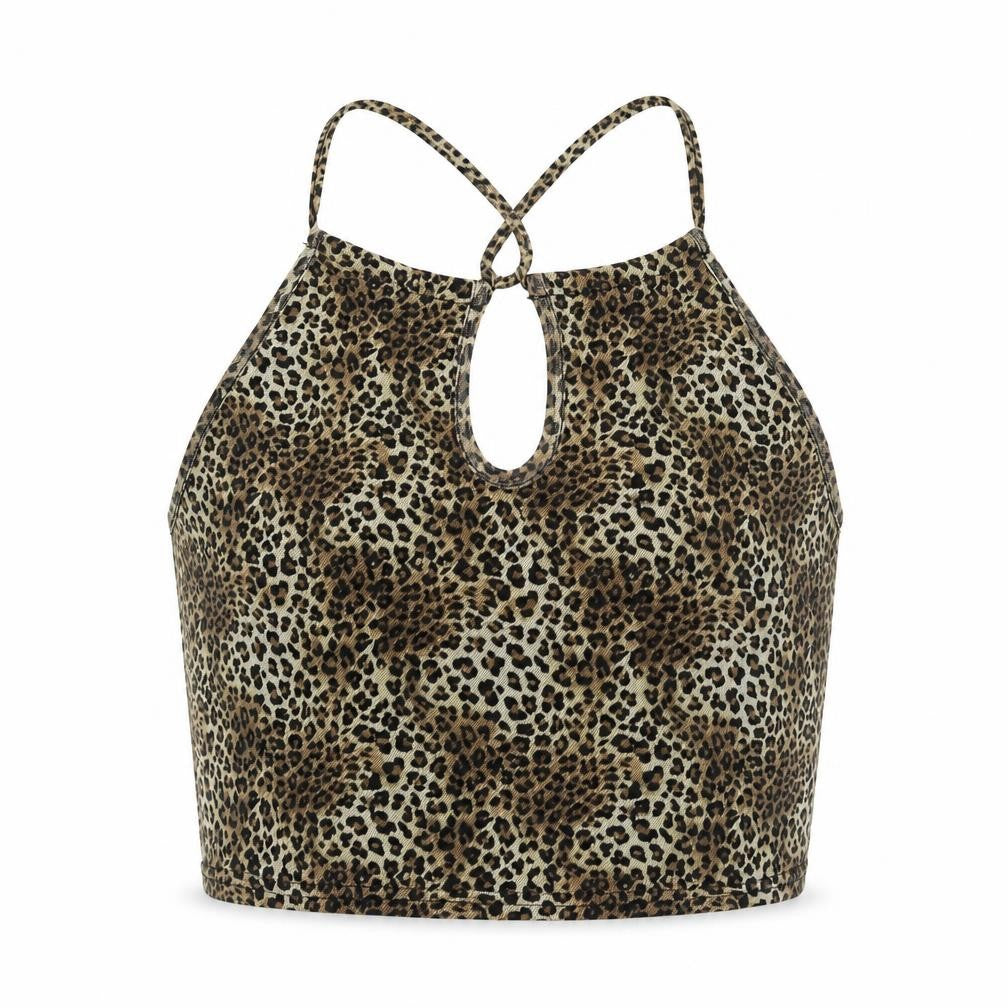 Urban renewal Womens Multicoloured Animal Print Polyester Camisole Tank Size L Round Neck - Leopard Print, Keyhole Cut Out, Cropped