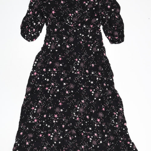 Marks and Spencer Womens Black Geometric Viscose A-Line Size 10 Round Neck Zip - Star Print