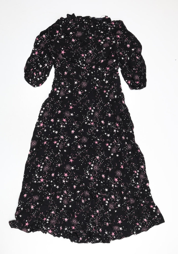 Marks and Spencer Womens Black Geometric Viscose A-Line Size 10 Round Neck Zip - Star Print