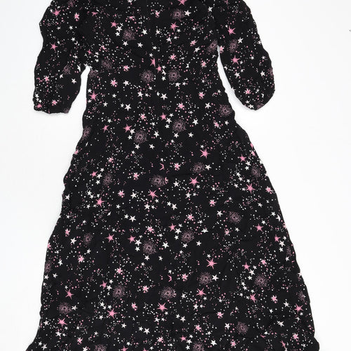 Marks and Spencer Womens Black Geometric Viscose A-Line Size 10 Round Neck Zip - Star Print